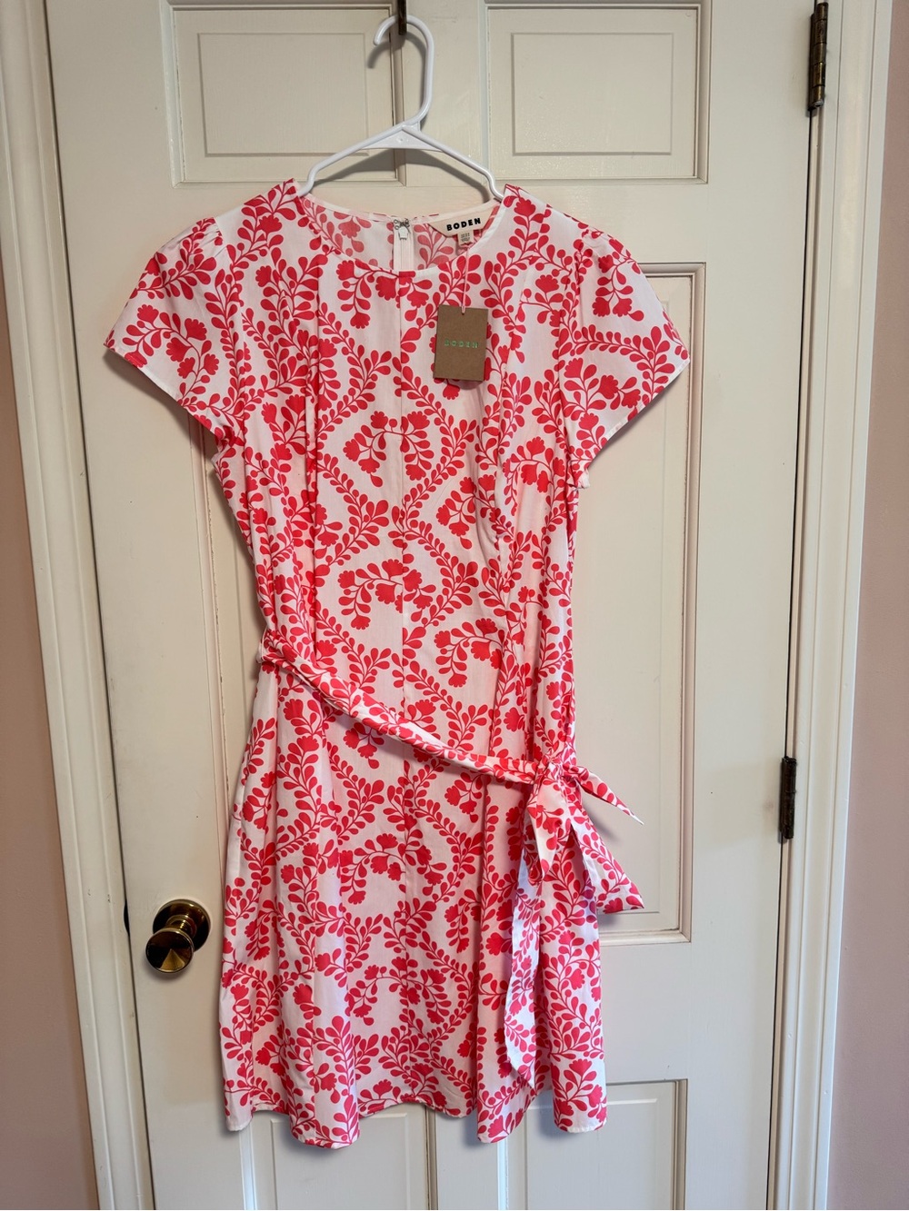 Boden White Mini Dress with Coral Floral Print and Tie Waist